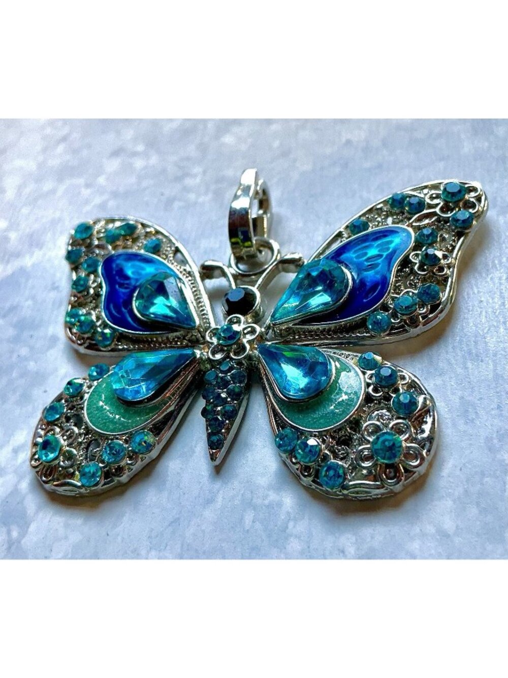 Blue And Turquoise Enamel Rhinestone Butterfly Pendant Silver Tone Filigree